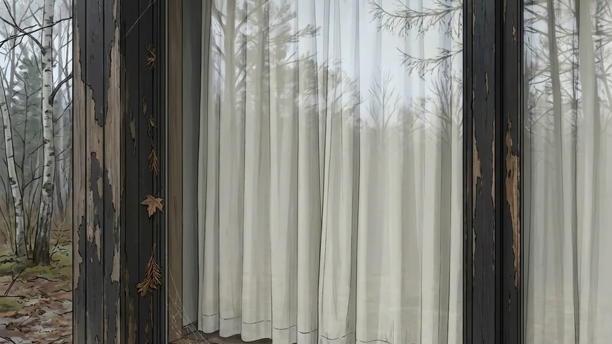 外から見た別荘の窓。カーテンが閉め切られている