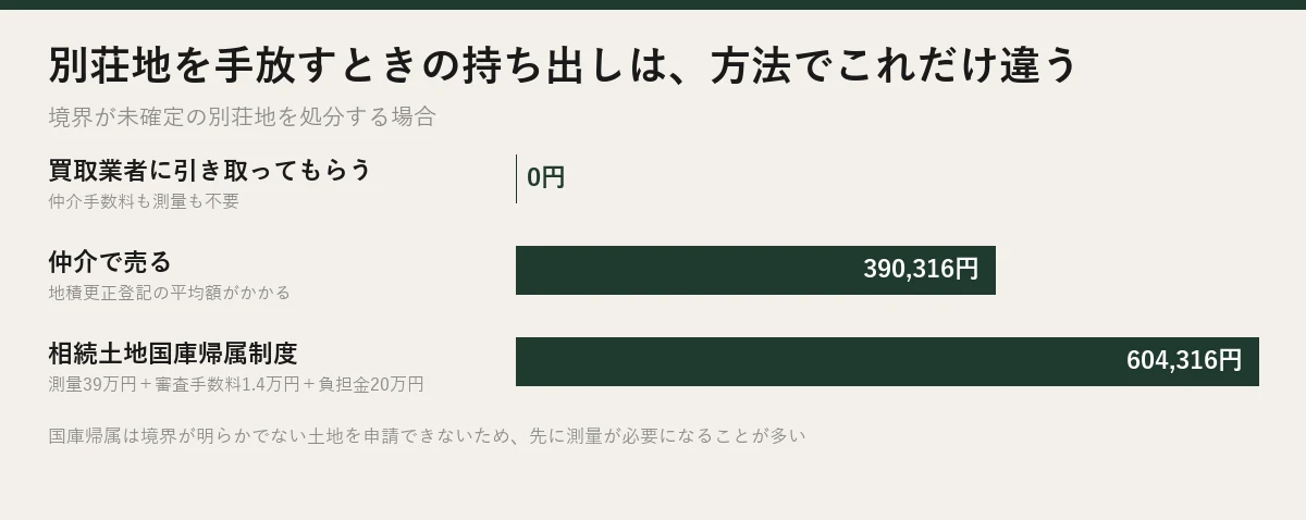 別荘地を手放すときの持ち出しを方法別に比べた図