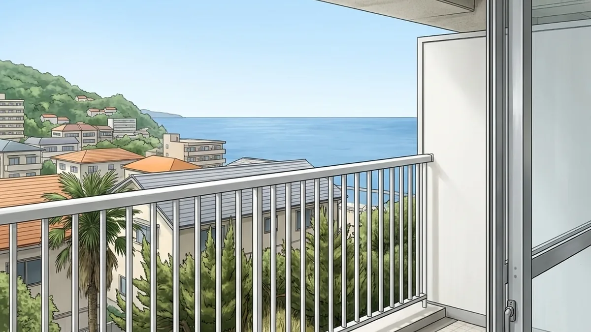リゾートマンションのバルコニーから見た海と斜面の街並み。バルコニーには何も置かれていない