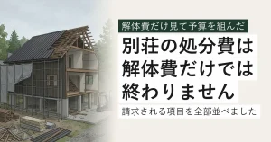 解体工事の最中の別荘。足場と養生シート、分別された廃材