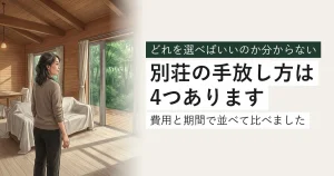 誰も使っていない別荘のリビング。防塵カバーをかけたソファの横に立つ所有者