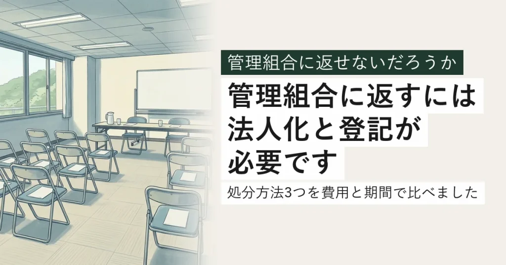 リゾートマンションの集会室。椅子が並ぶが出席者はほとんどいない