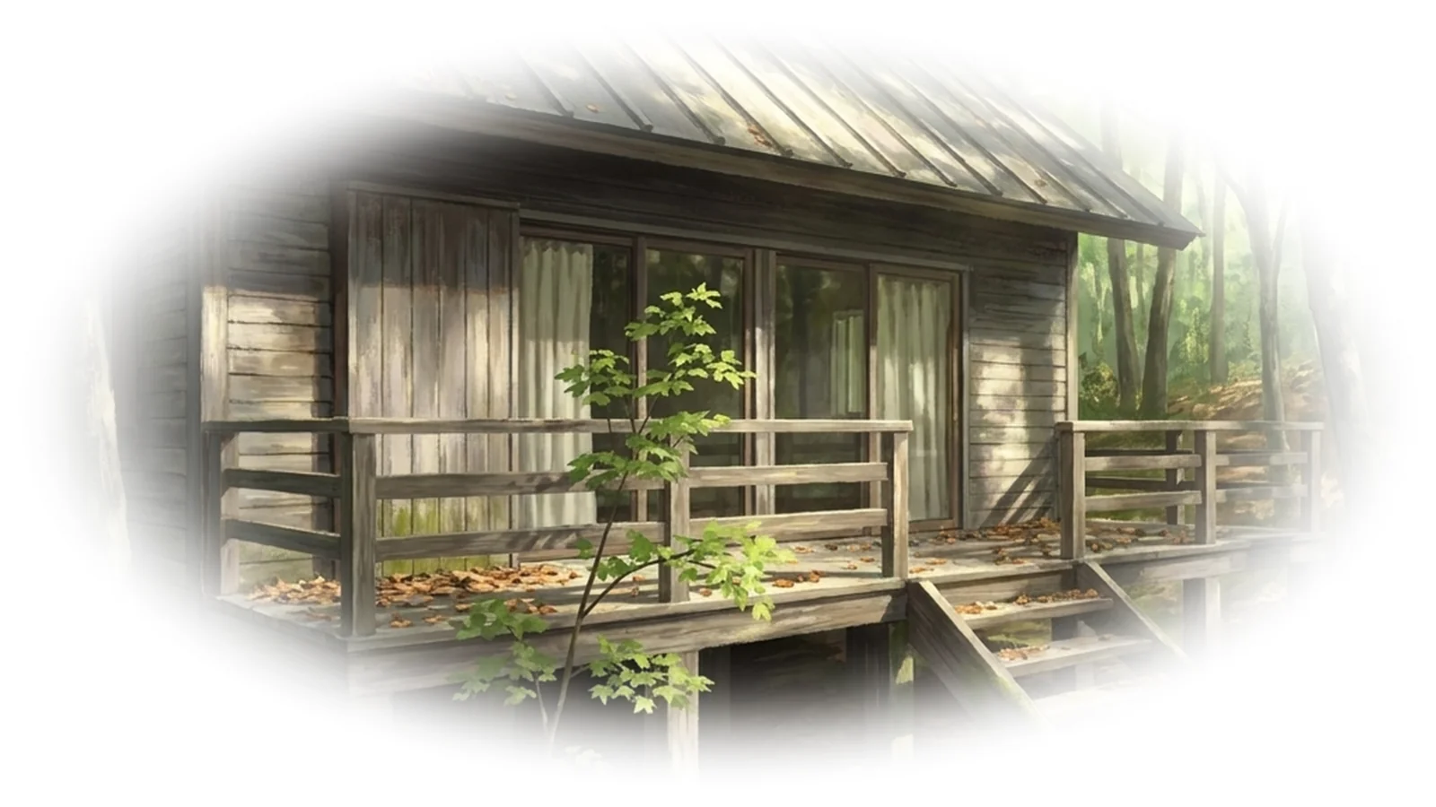 木立の中に建つ中古の別荘。高床のデッキに落ち葉が積もっている